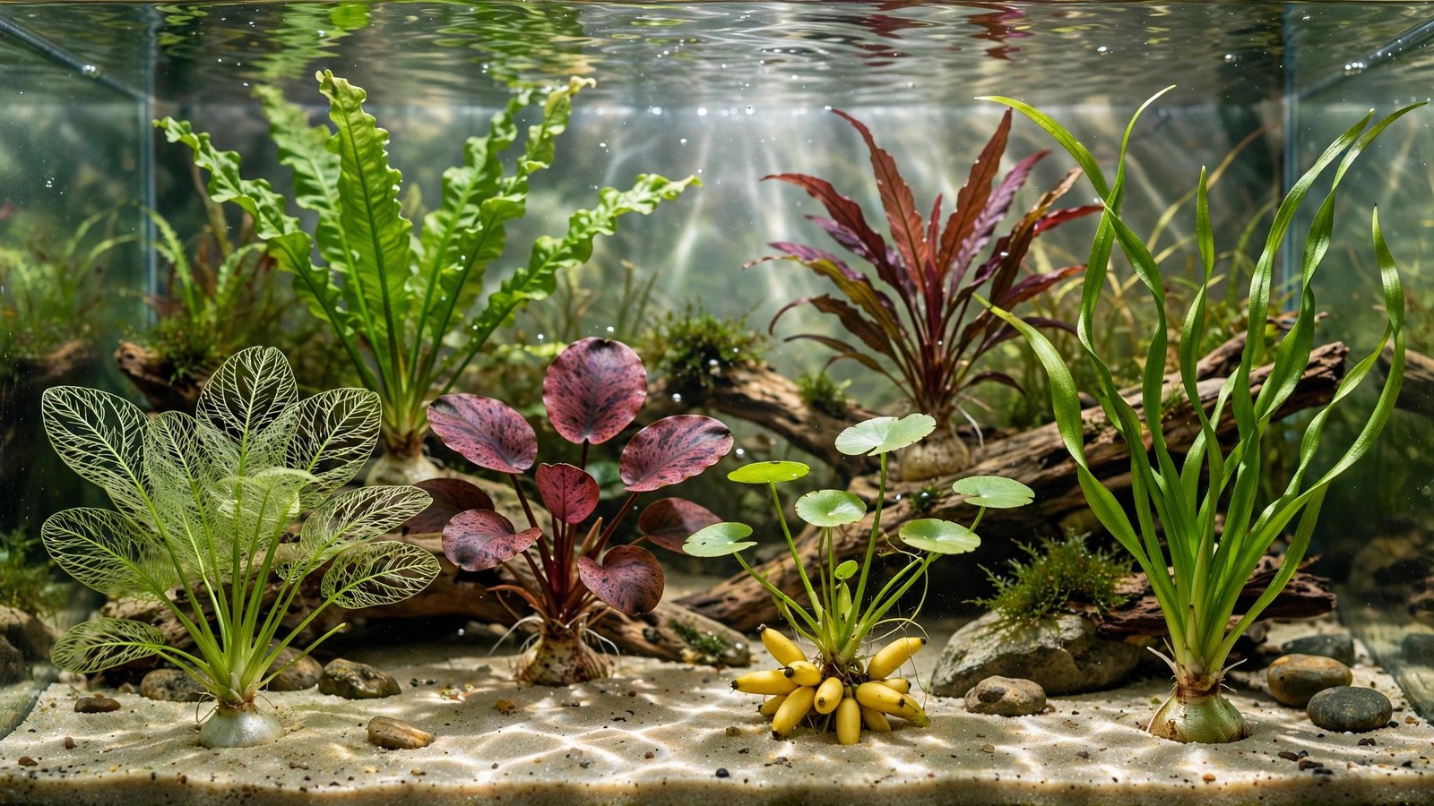 Red tiger lotus bulb sprouting mottled leaves in aquarium substrate