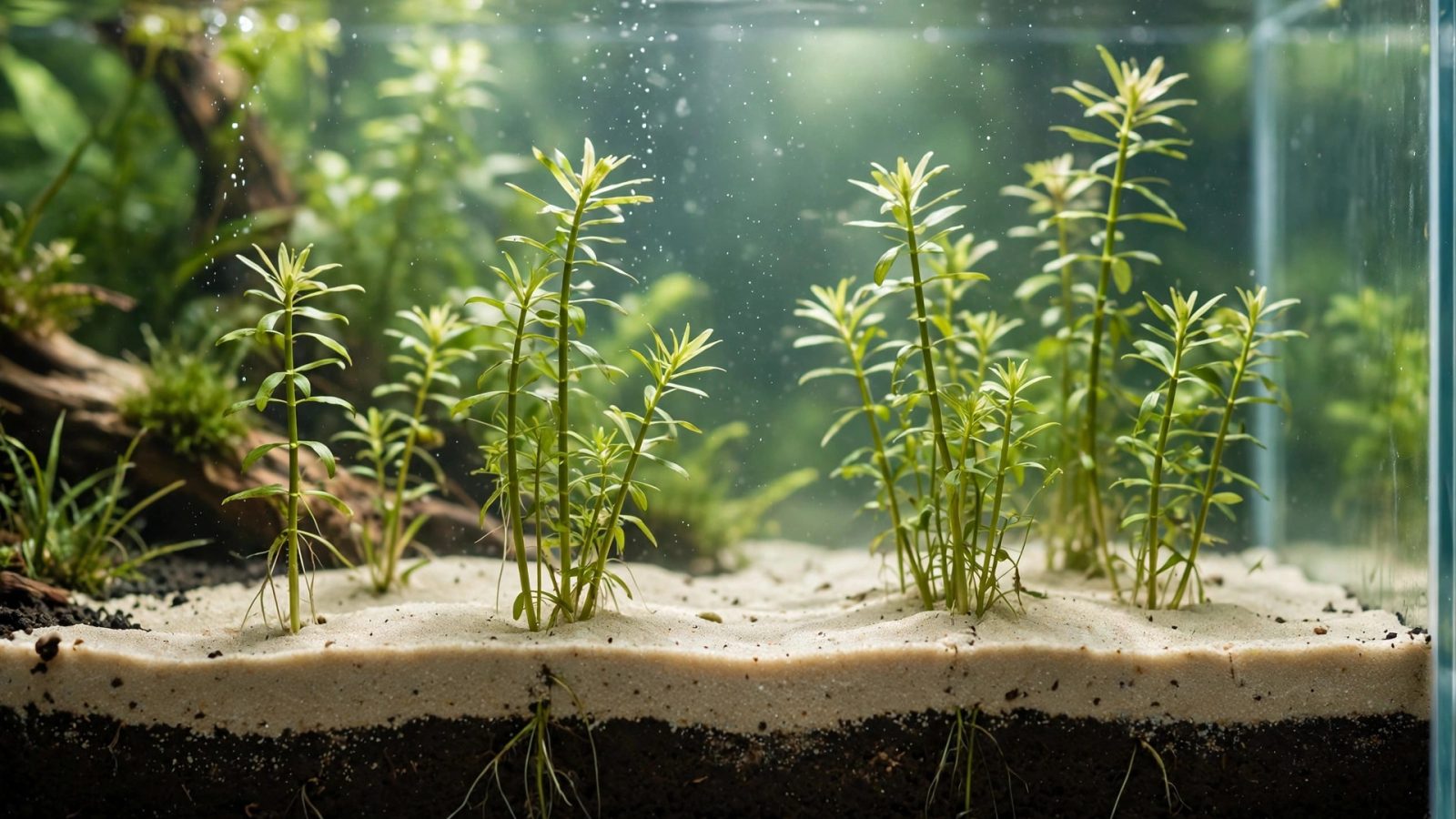 Aquarium with light sand cap over dark soil and stem plants growing through
