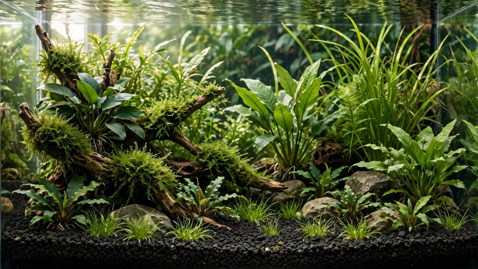 Bag of CaribSea Eco-Complete black basalt substrate beside a planted aquarium