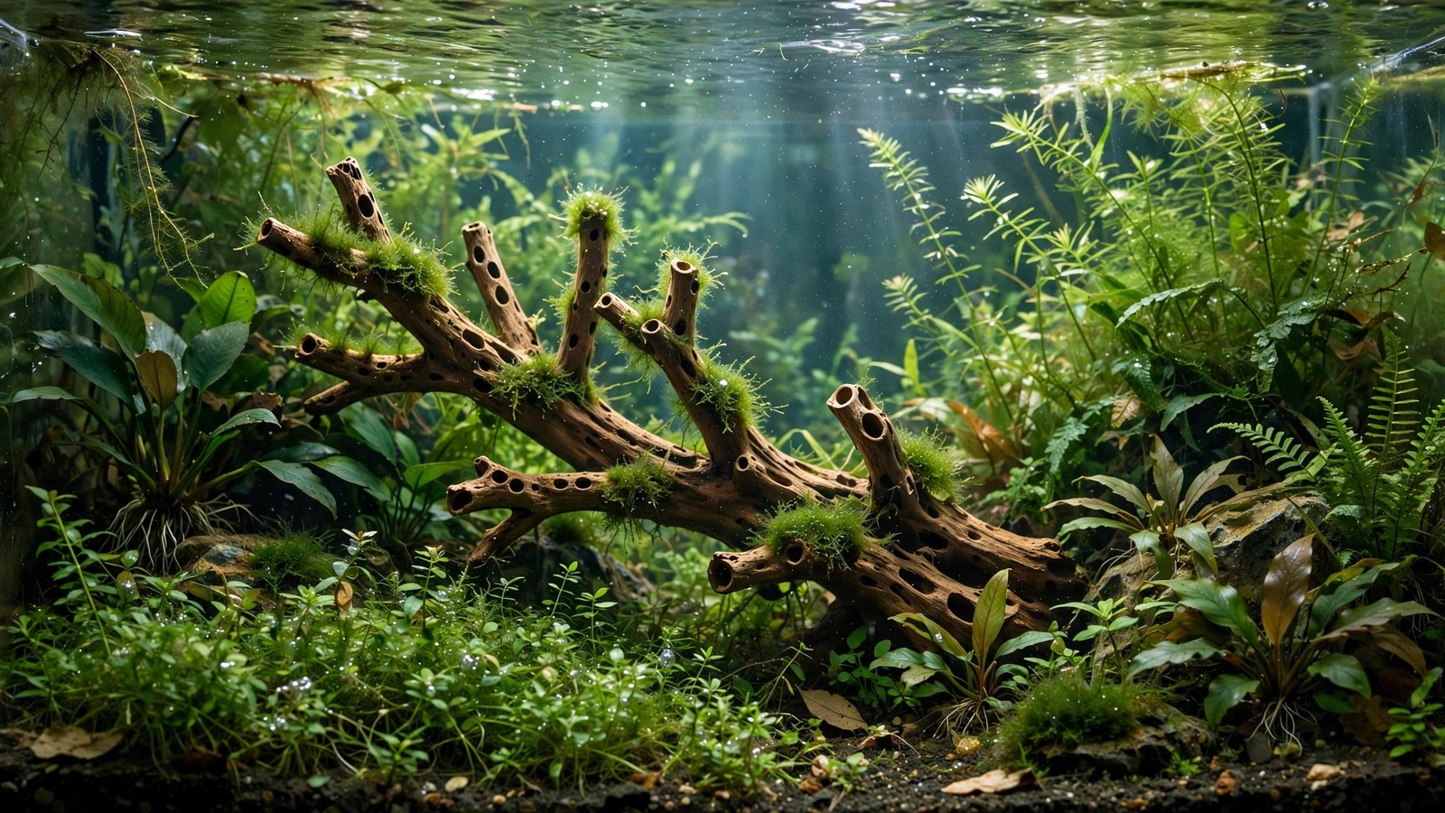 Cholla wood cactus skeleton with holes in a shrimp planted aquarium