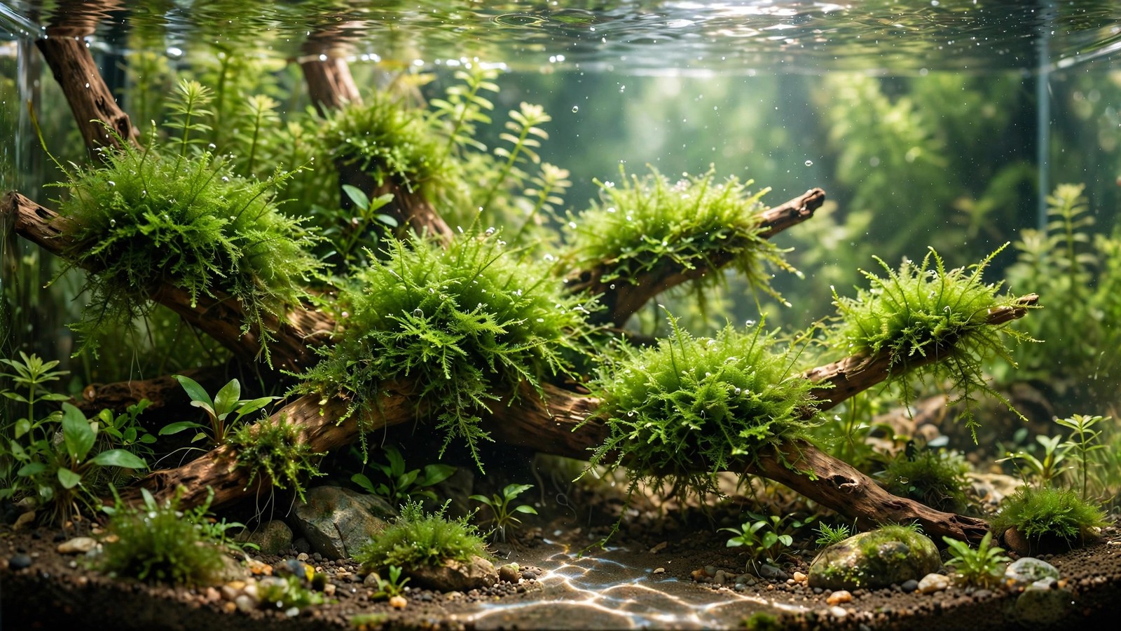 Christmas moss with tree-like branching fronds draped over driftwood in an aquarium