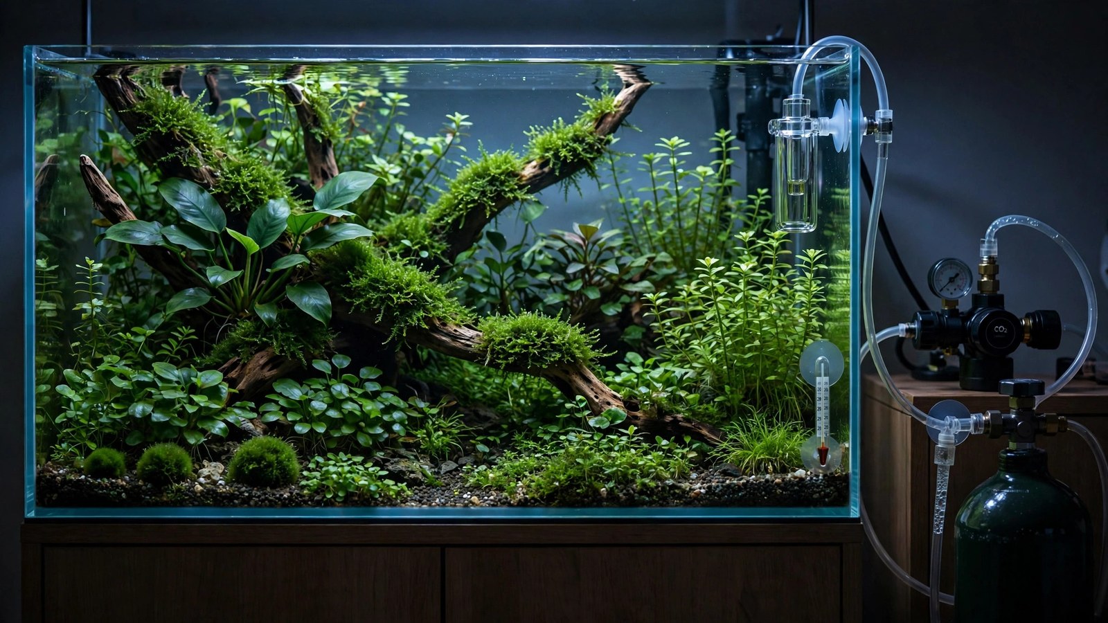 Planted aquarium at night with lights off and CO2 system shut down