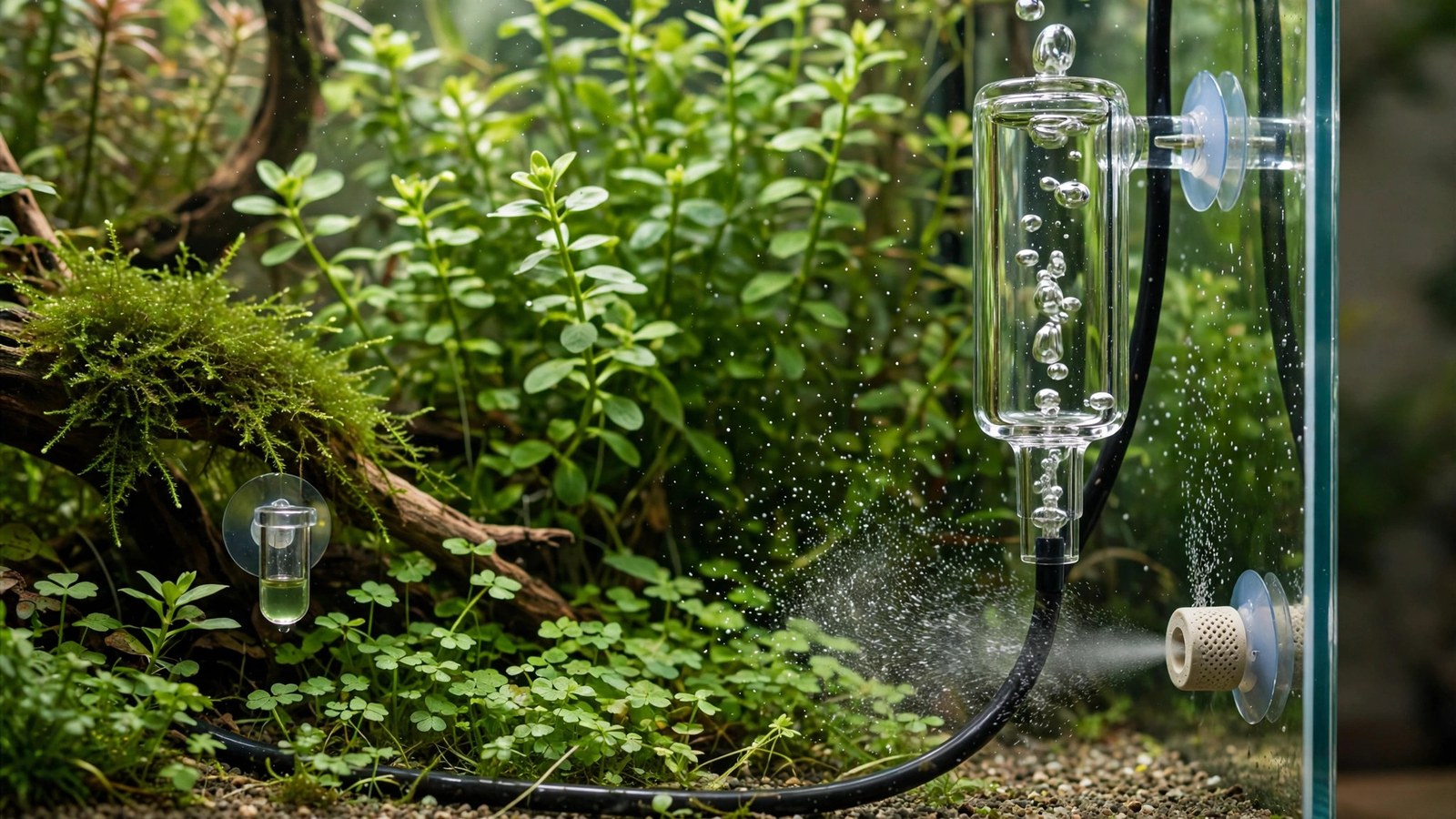 Close-up of a CO2 bubble counter with bubbles rising through clear fluid