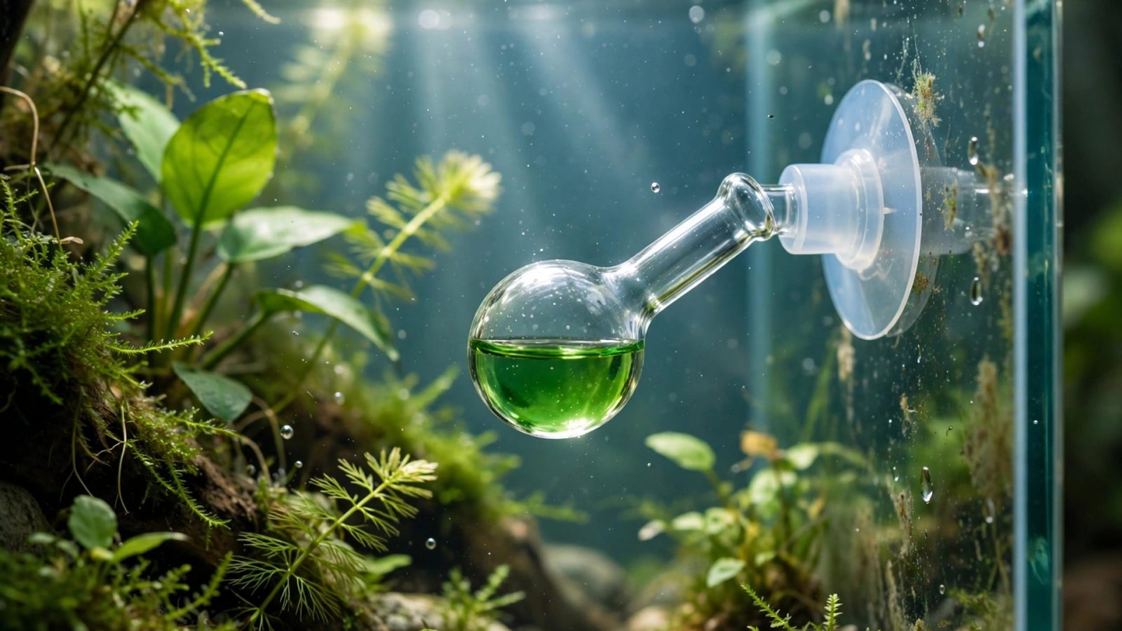 Glass CO2 drop checker with green indicator liquid suction-cupped inside an aquarium