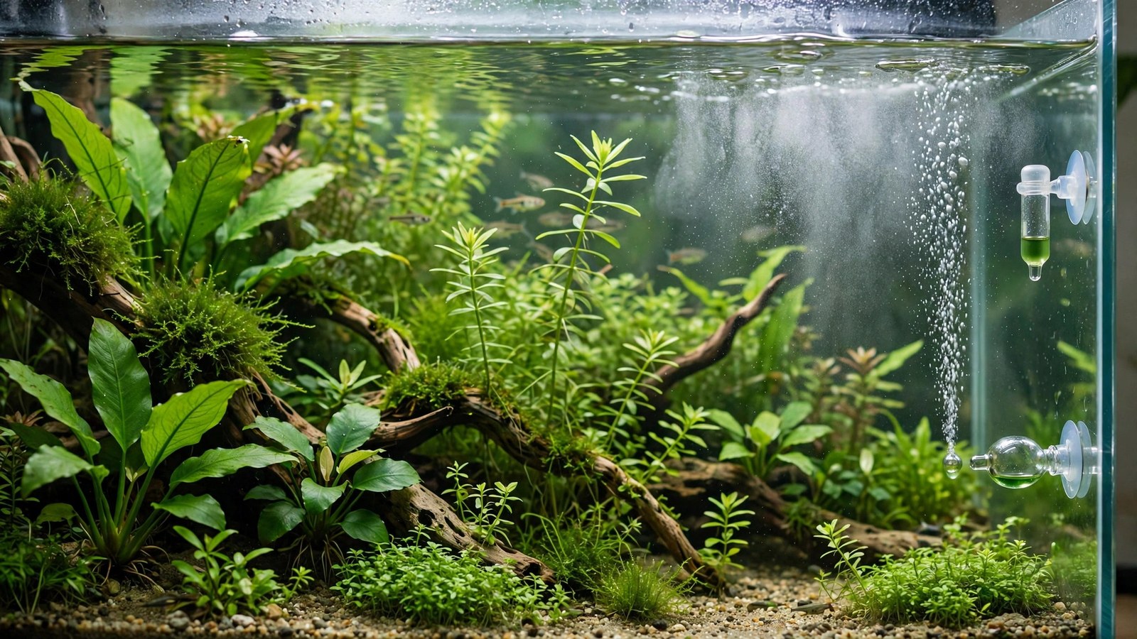 Healthy tetras swimming calmly in a CO2-injected planted aquarium