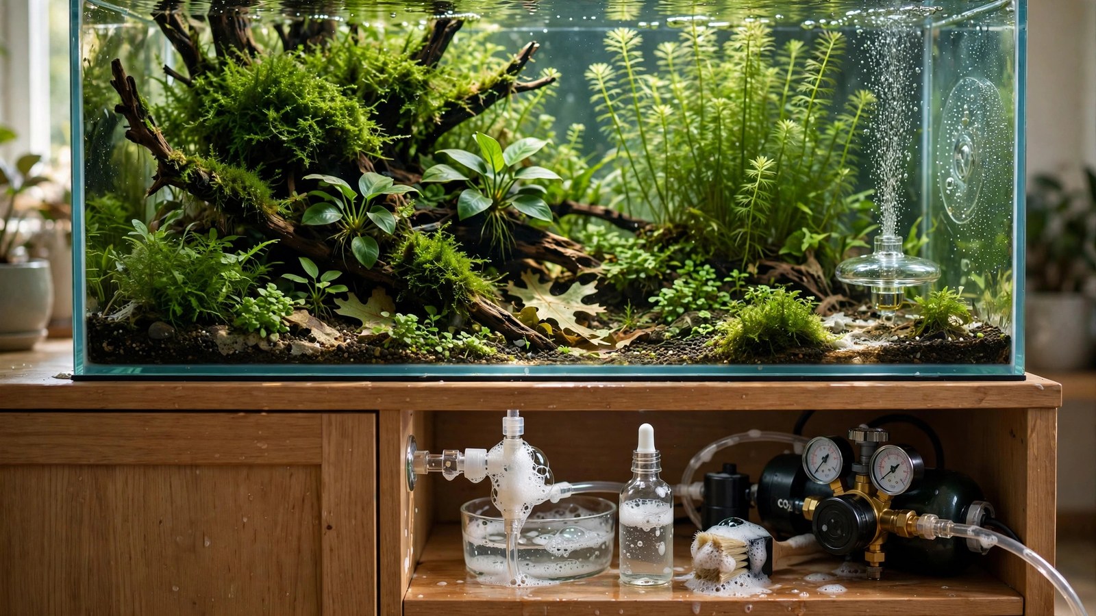 Aquarist brushing soapy water onto CO2 regulator fittings to find gas leaks