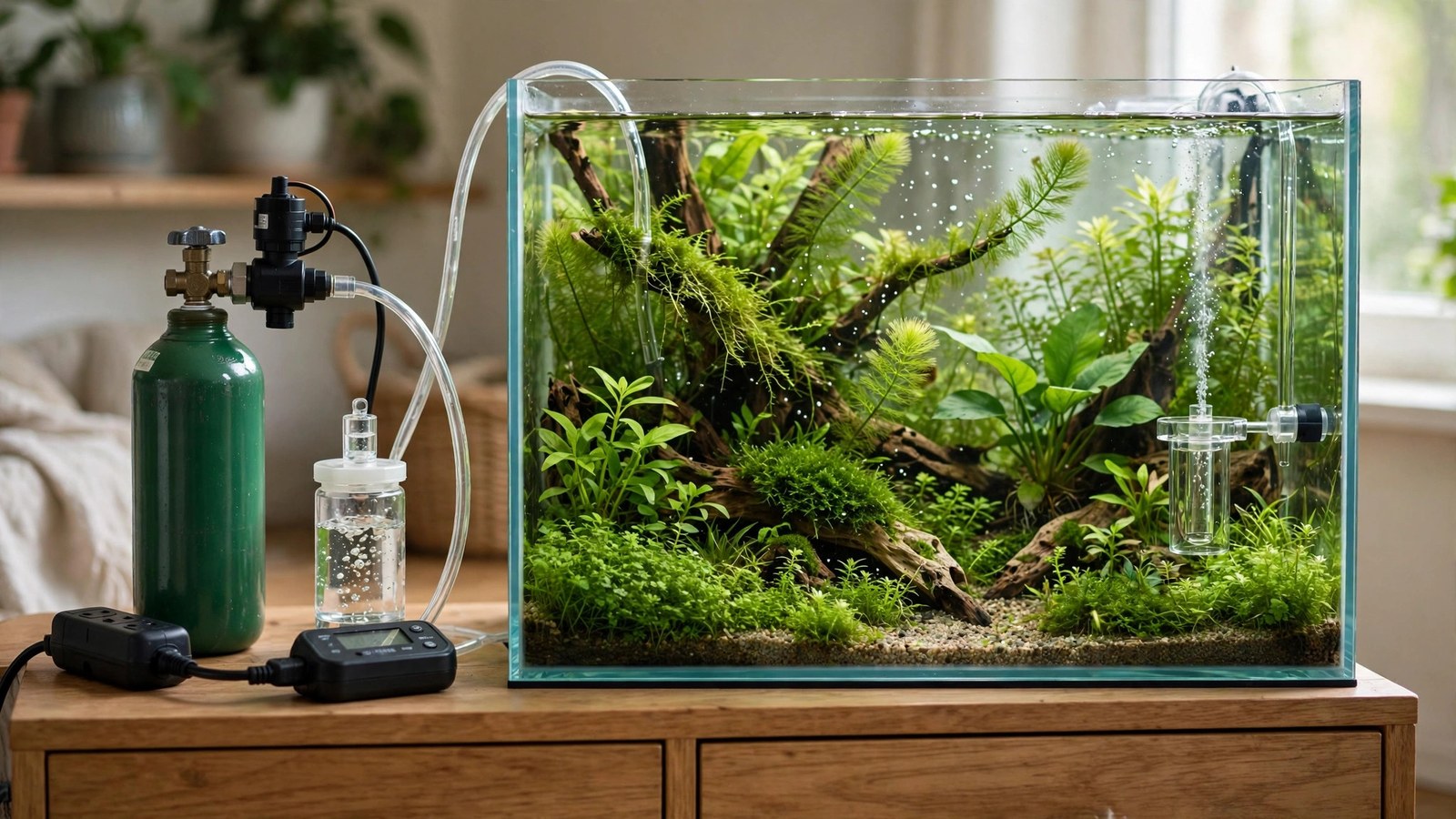CO2 solenoid valve wired to a digital plug timer beside an aquarium