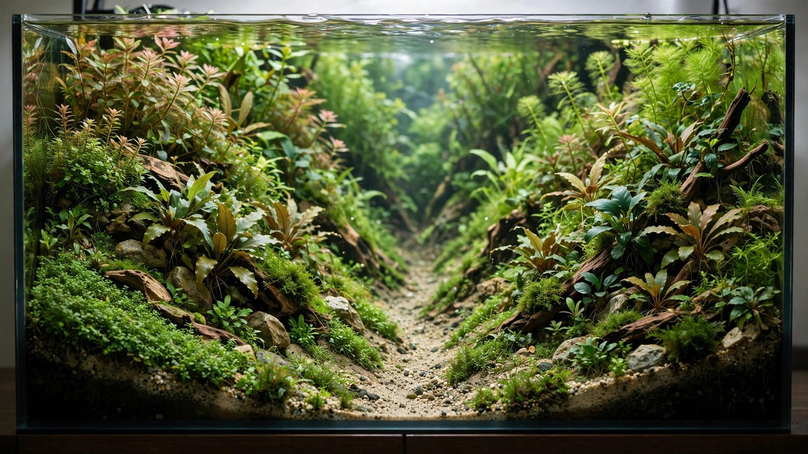 Concave valley aquascape with planted stone walls framing a central carpeted valley floor