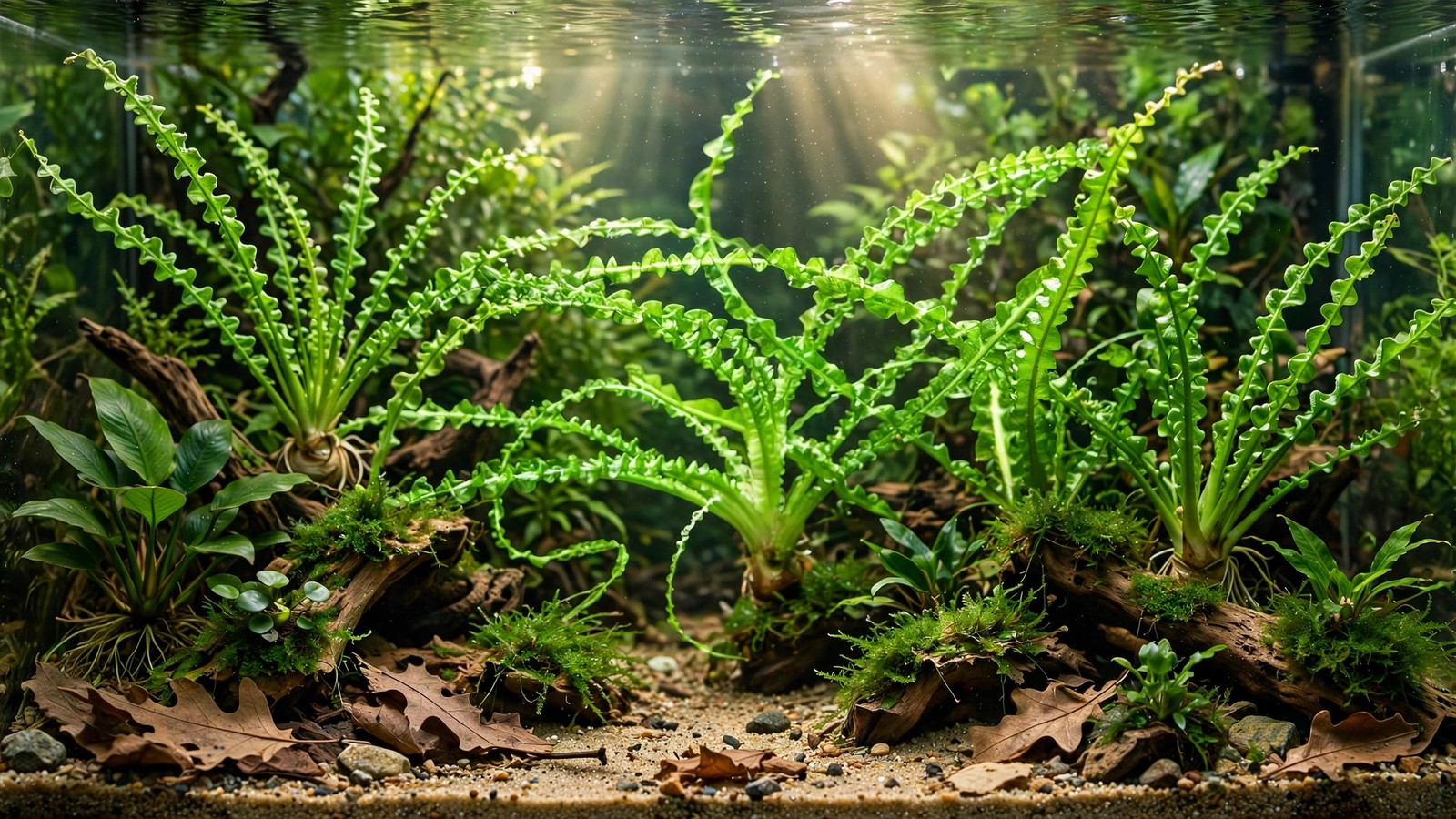 Crinum calamistratum with long curly strap-like leaves rising from a bulb in an aquarium