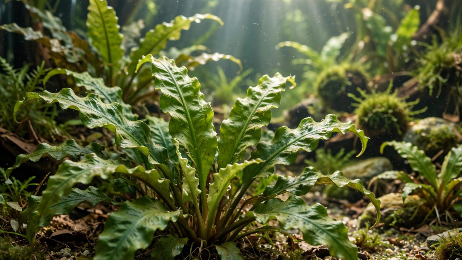 Cryptocoryne plants with textured wavy leaves in a freshwater aquarium foreground