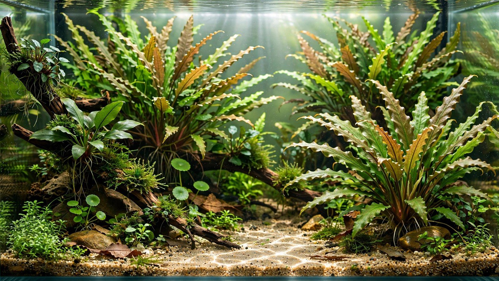 Bronze Cryptocoryne wendtii rosette with ruffled leaves in a planted aquarium midground
