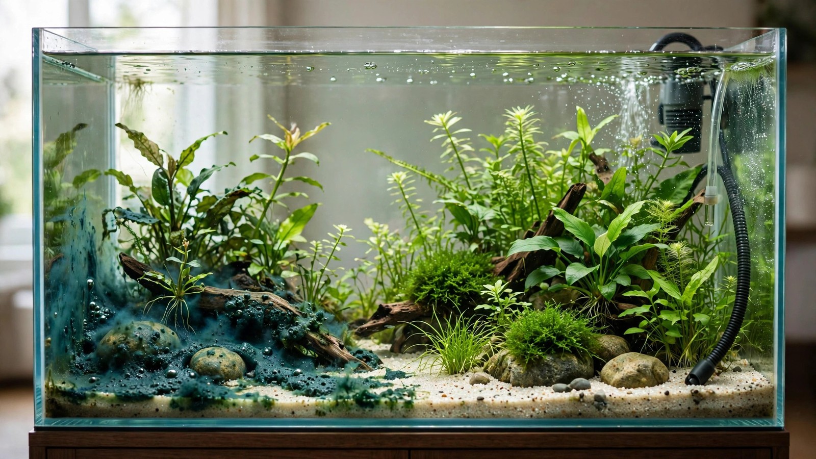 Blue-green cyanobacteria mat spreading across aquarium substrate
