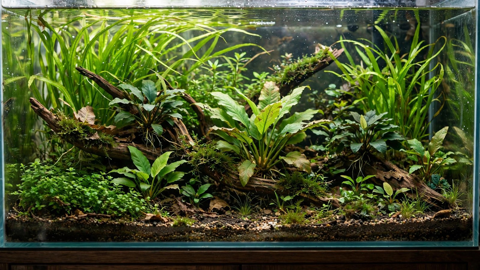 Mature dirted planted aquarium thriving with soil substrate under a sand cap