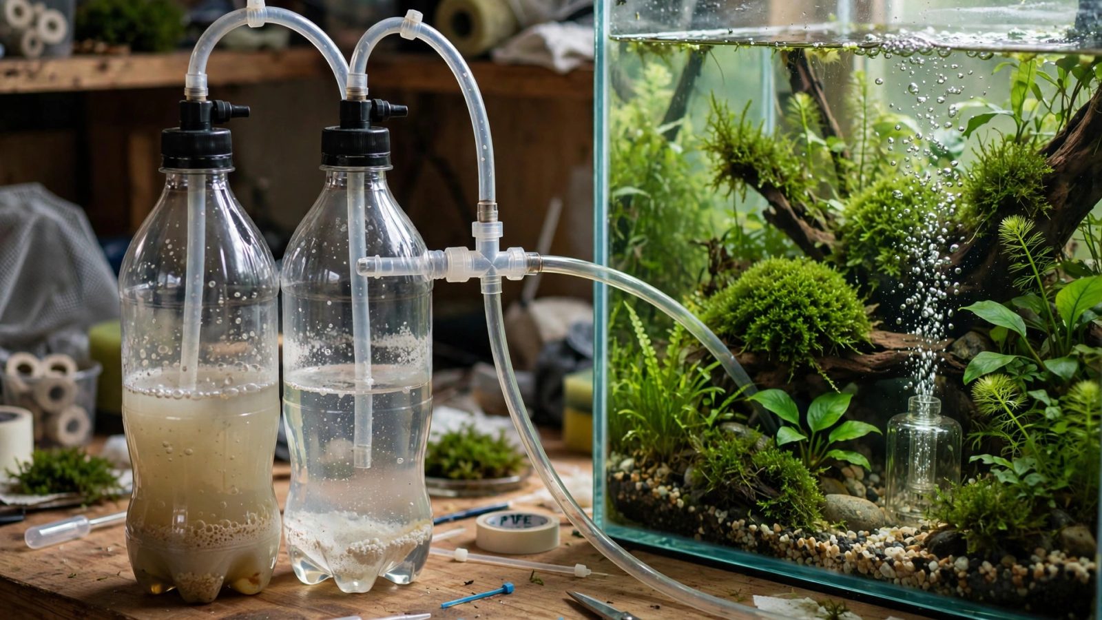Homemade DIY CO2 bottles with tubing feeding bubbles into a planted aquarium
