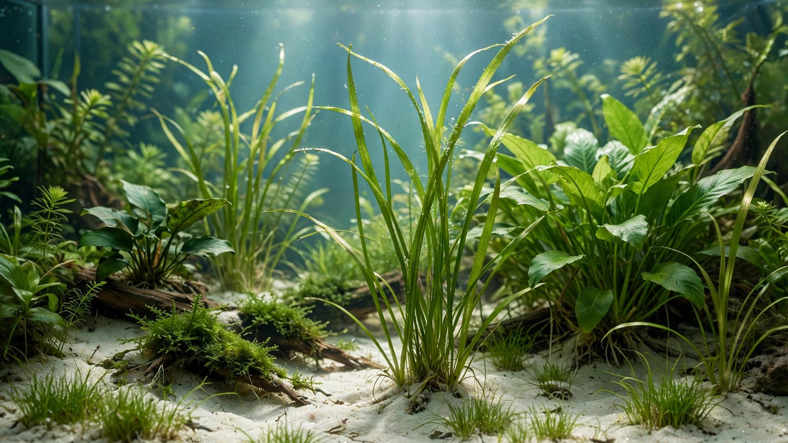 Healthy aquarium plants with roots growing in pale sand substrate