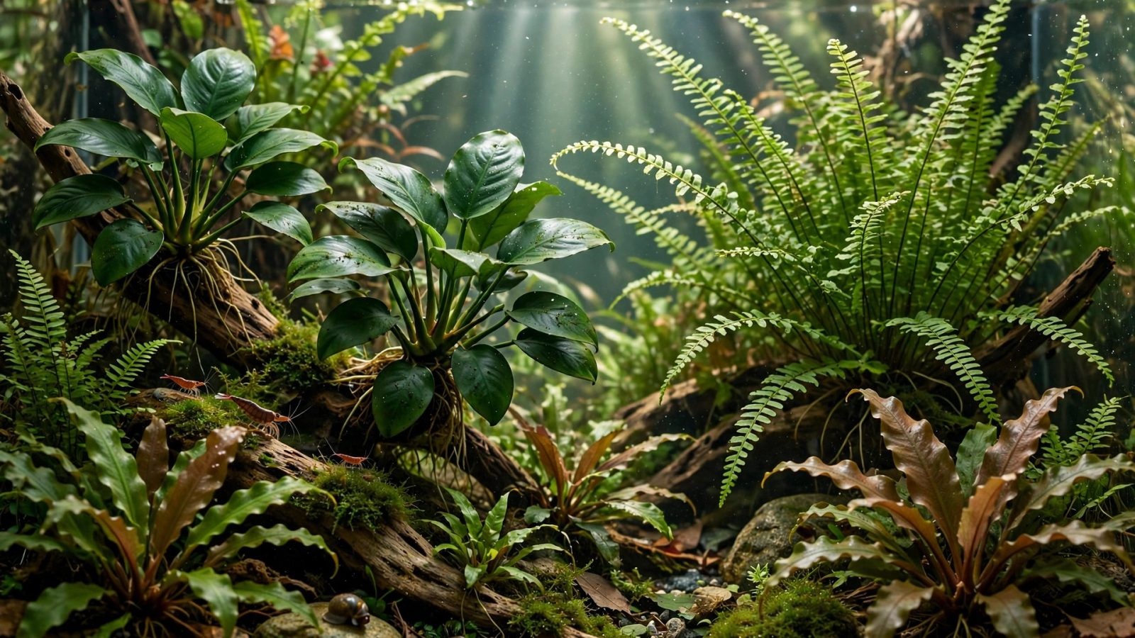 Thriving low-tech planted aquarium with anubias, java fern and crypts, no CO2 equipment