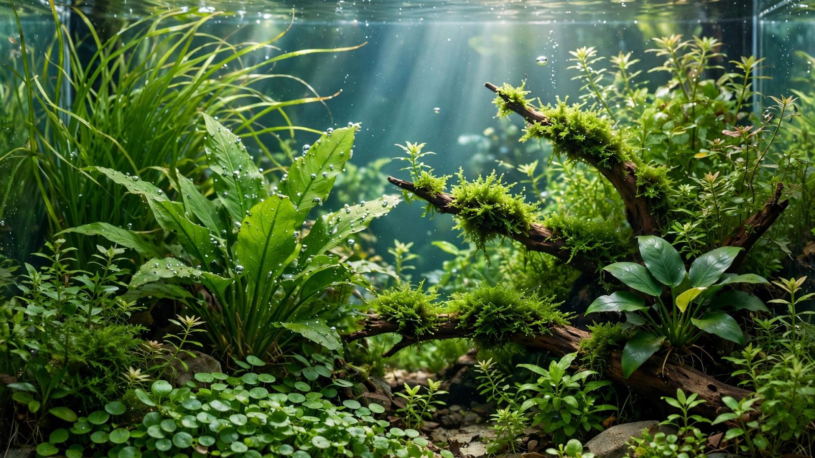 Lush planted aquarium with clear water and dense green plant growth