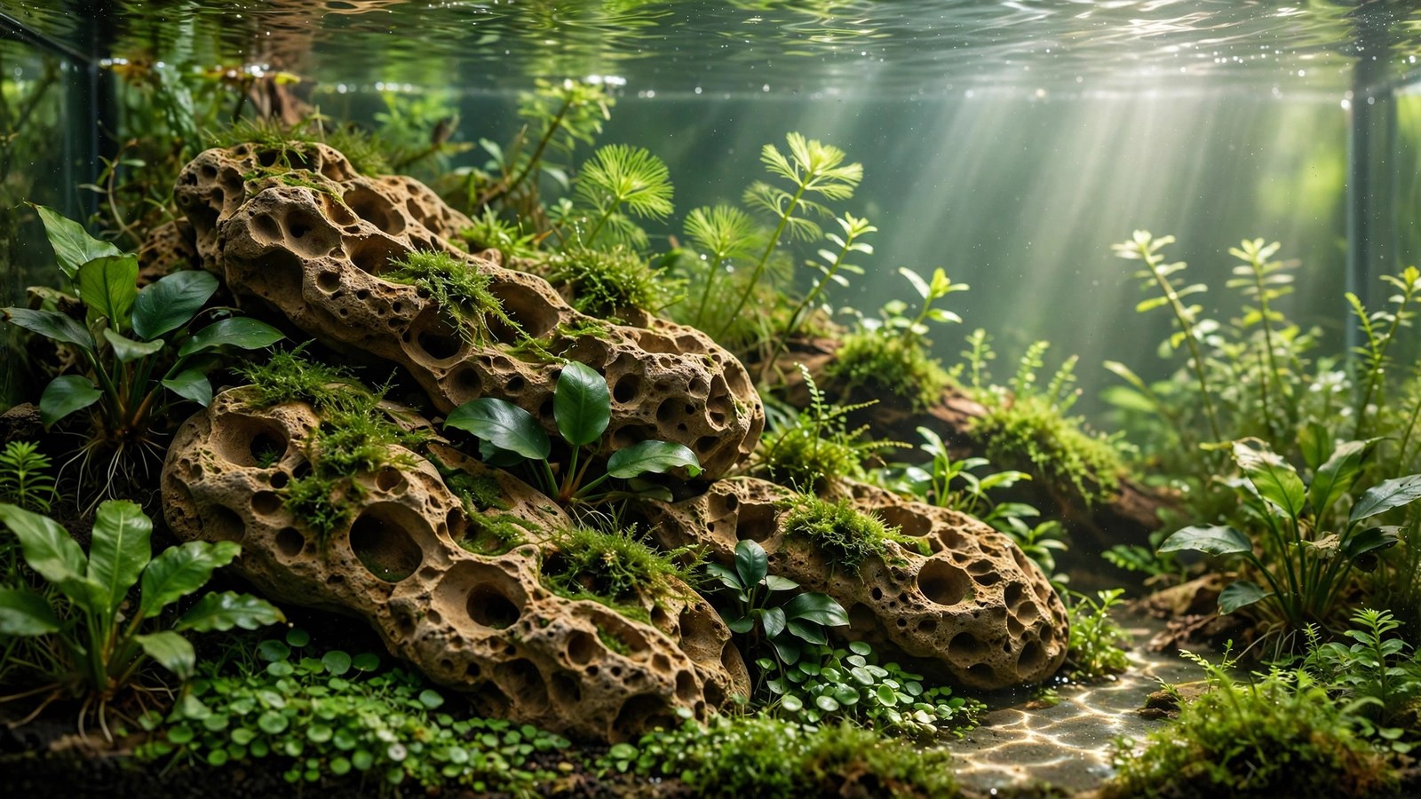 Dragon stone Ohko rock formation with moss growing in crevices in a planted tank