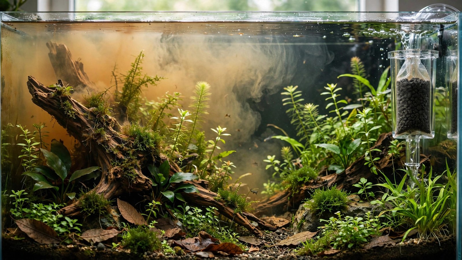 Aquarium with amber tannin-tinted blackwater and driftwood centerpiece