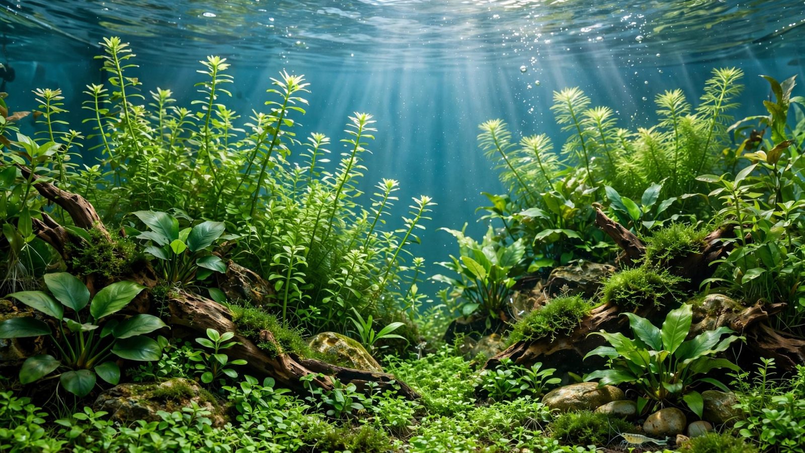 Dense green aquarium plantscape with stem plants and carpeting foreground