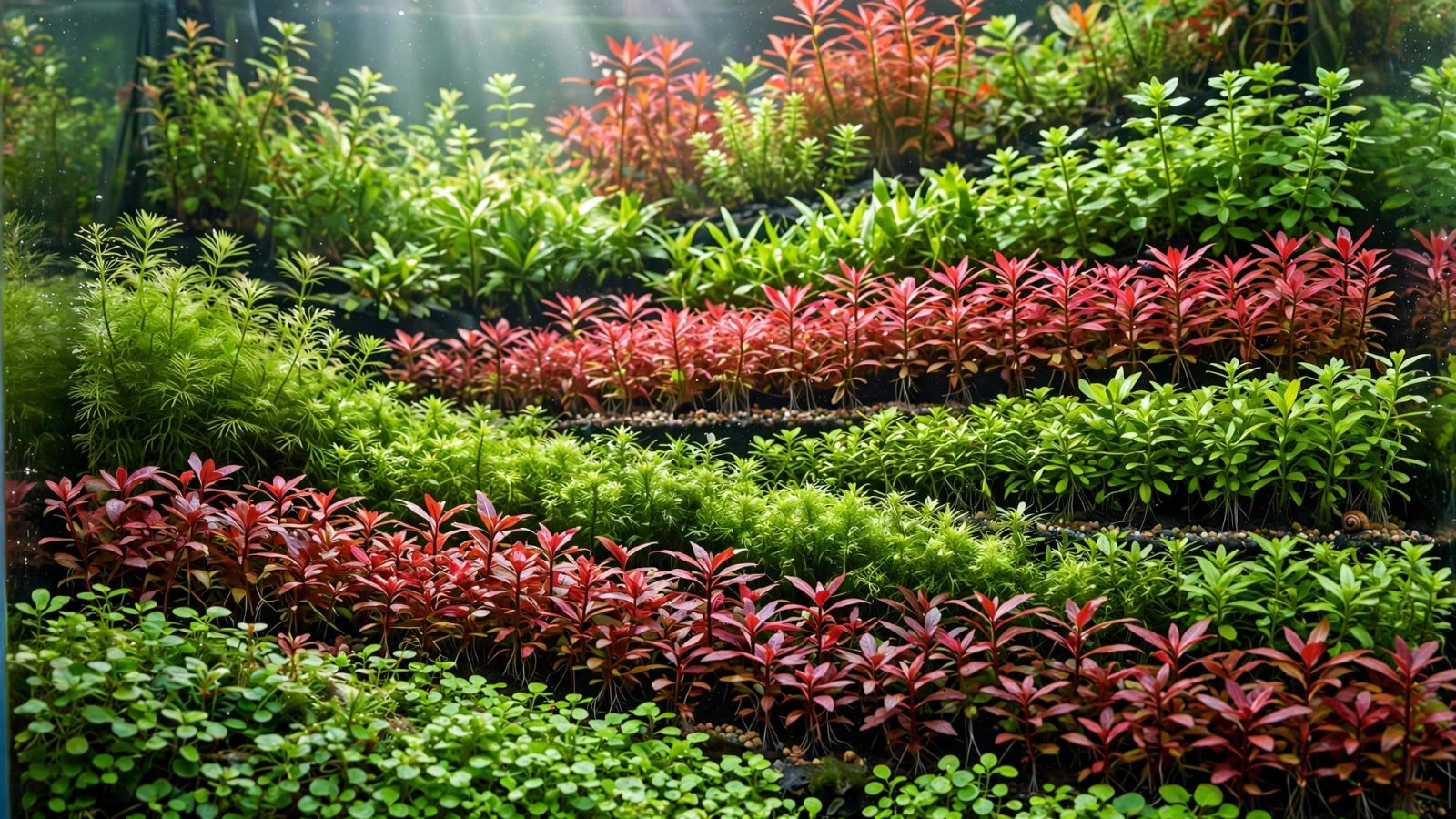 Dense Dutch-style tank with terraced rows of red and green stem plants
