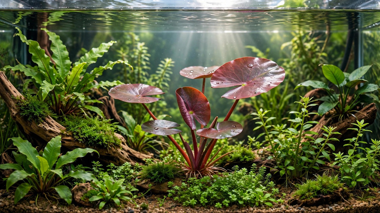 Dwarf aquarium lily with red-bronze submerged leaves growing from a bulb in substrate