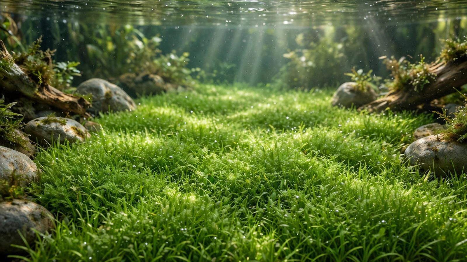 Dense bright-green dwarf hairgrass carpet covering the aquarium floor