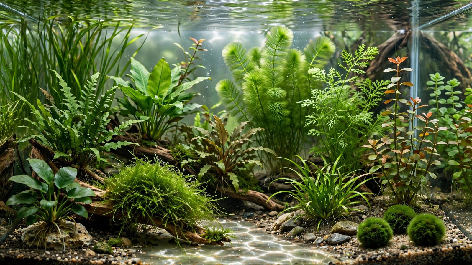 Lush low-tech aquarium filled with anubias, crypts and java fern growing without CO2