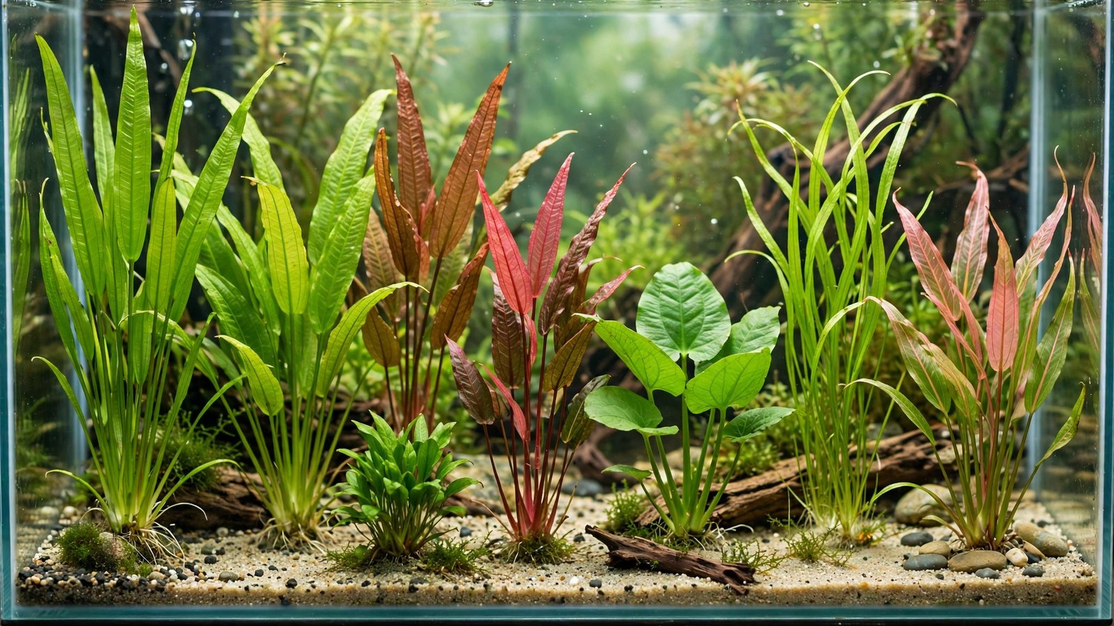 Comparison of Echinodorus sword varieties from green amazonicus to red cultivars
