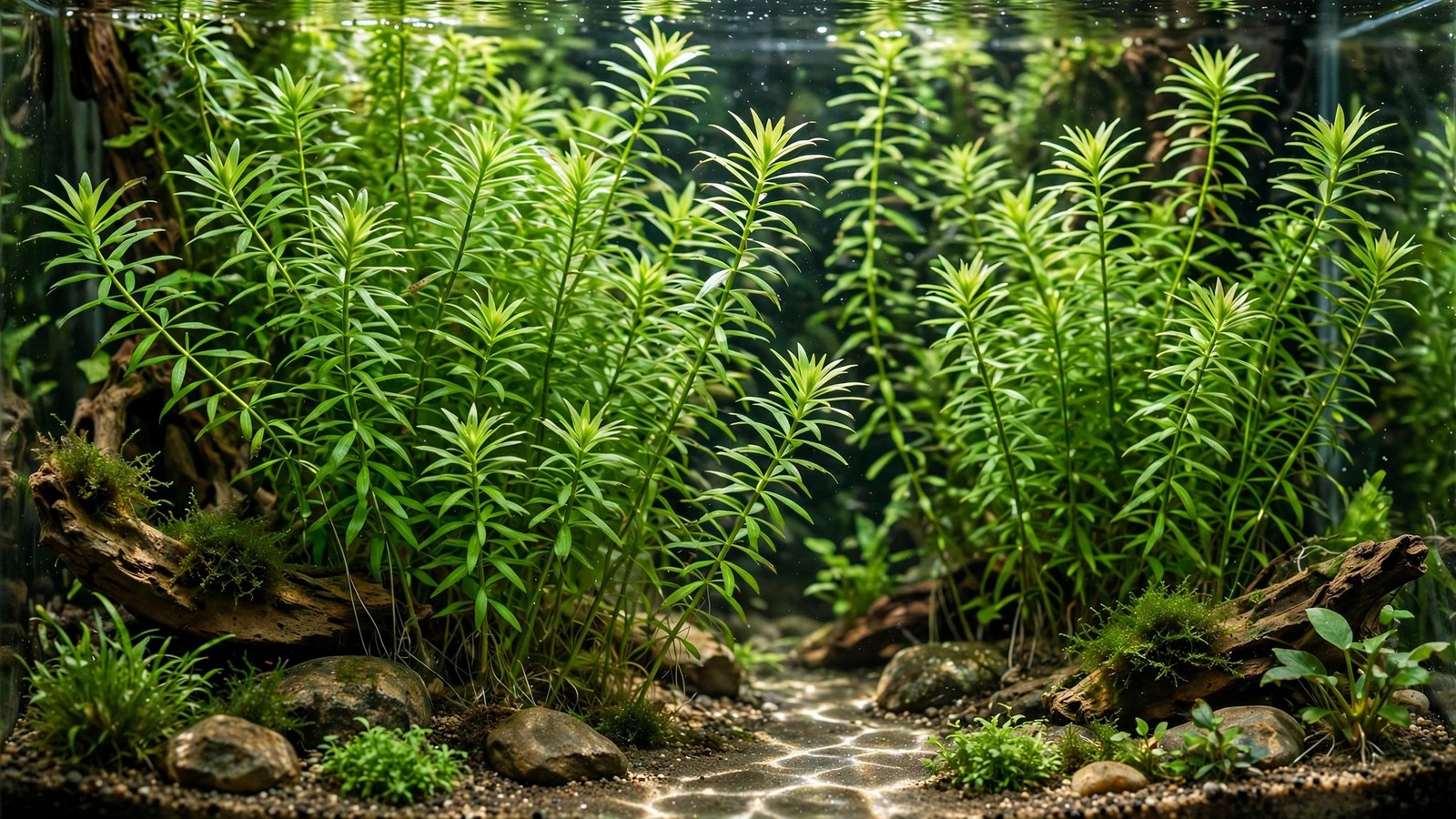 Egeria densa anacharis stems with whorled green leaves growing in an aquarium
