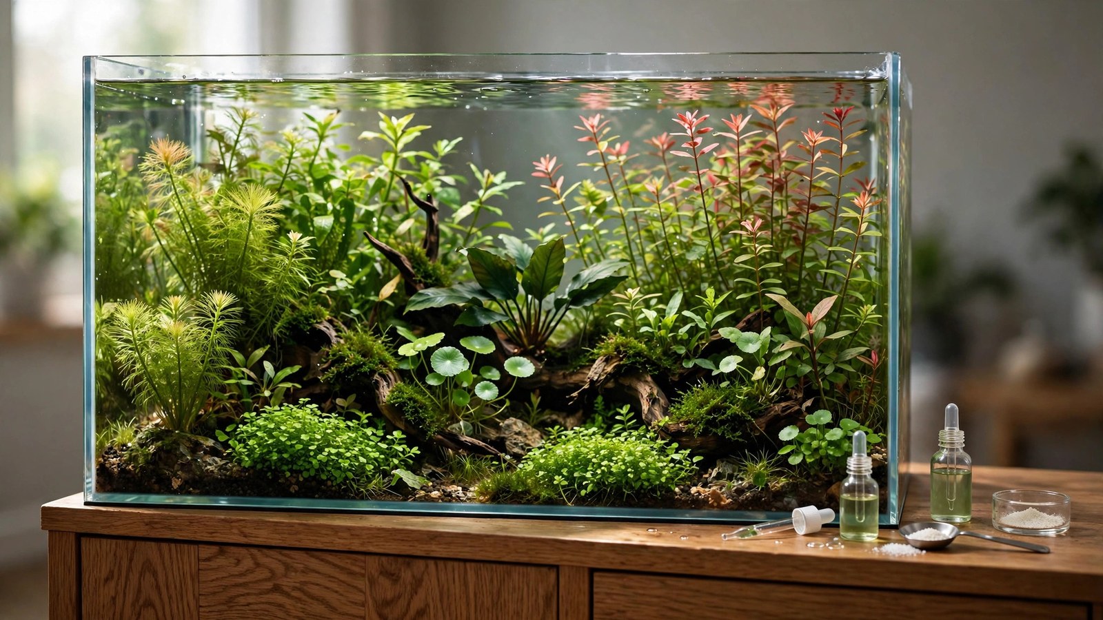 Hand dosing liquid fertilizer into a planted aquarium with a syringe