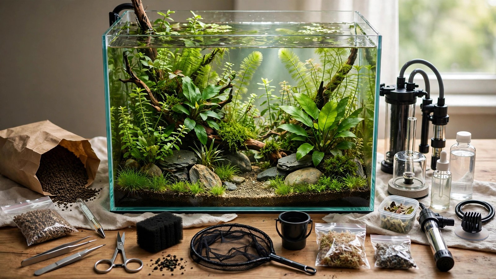 Aquarium supplies for first planted tank: light, filter, substrate, plants, and tools