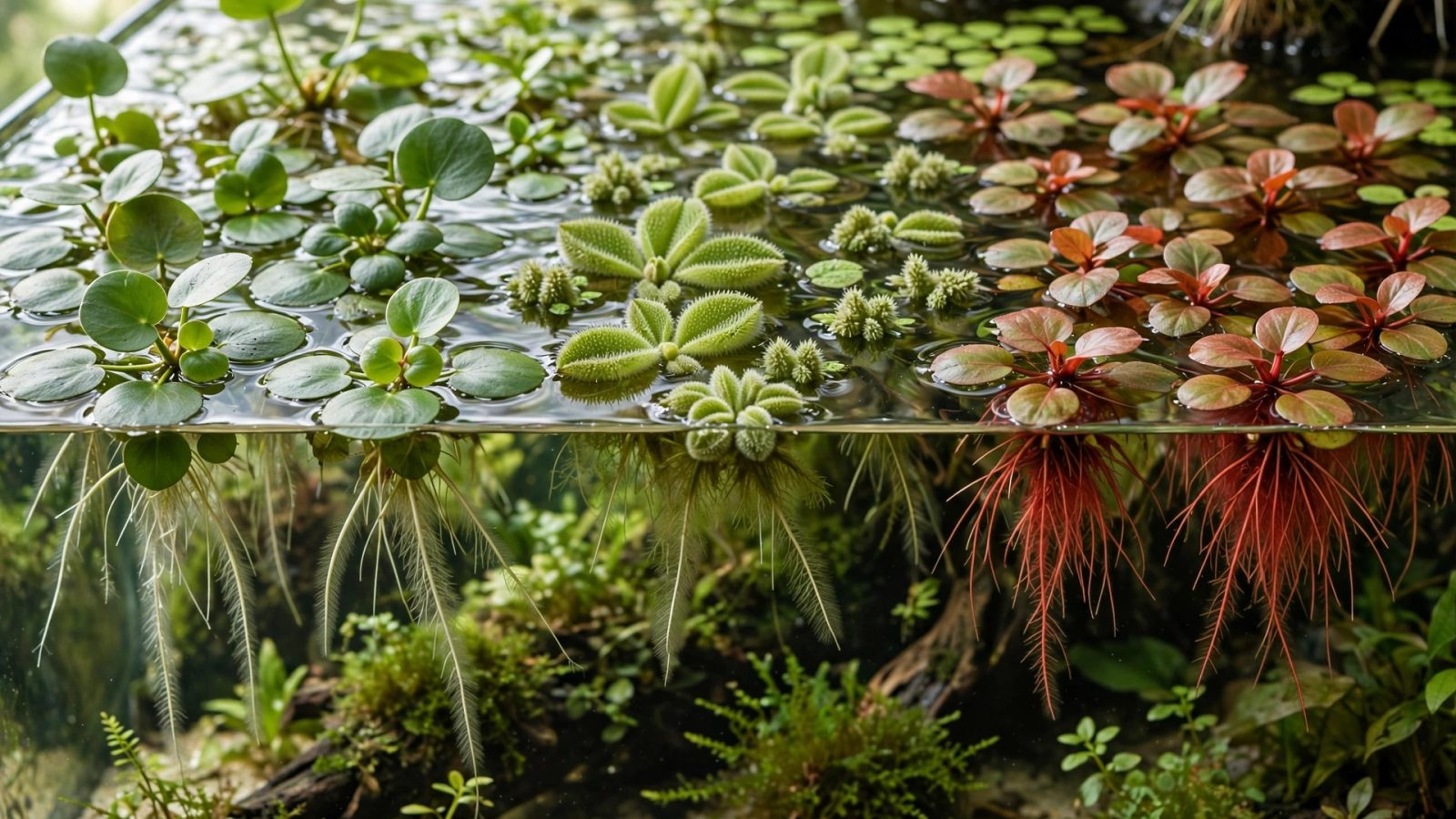 Frogbit, salvinia and red root floaters covering the water surface