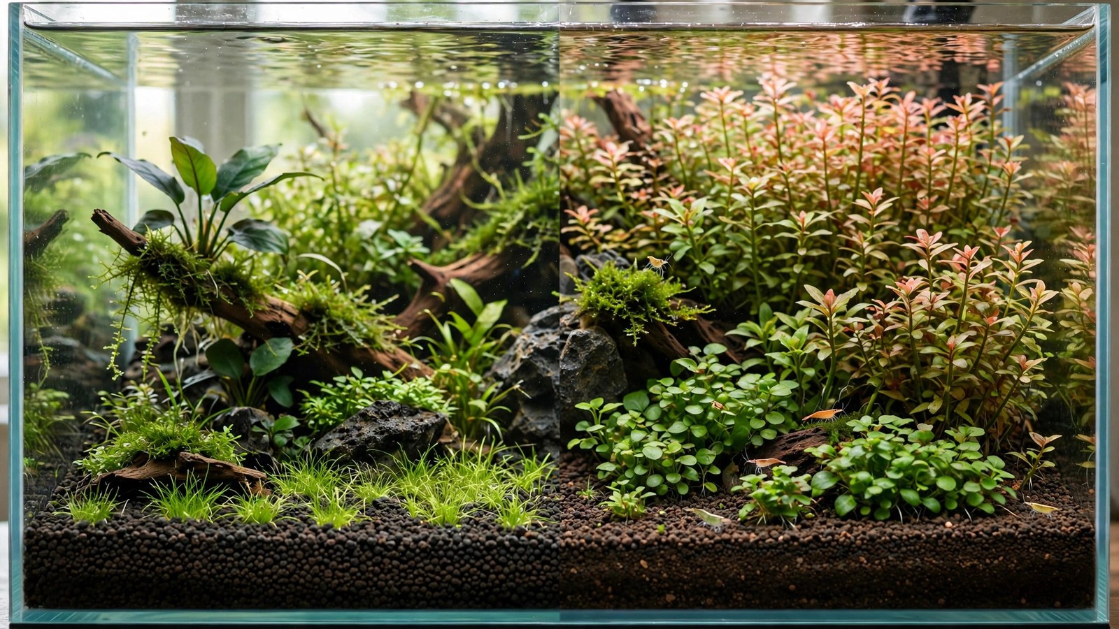 Two planted aquarium substrate beds side by side comparing dark aquasoil granules