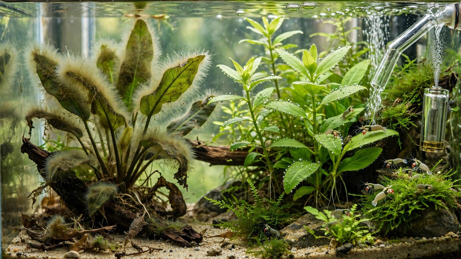 Anubias leaf with soft green fuzz algae on its surface