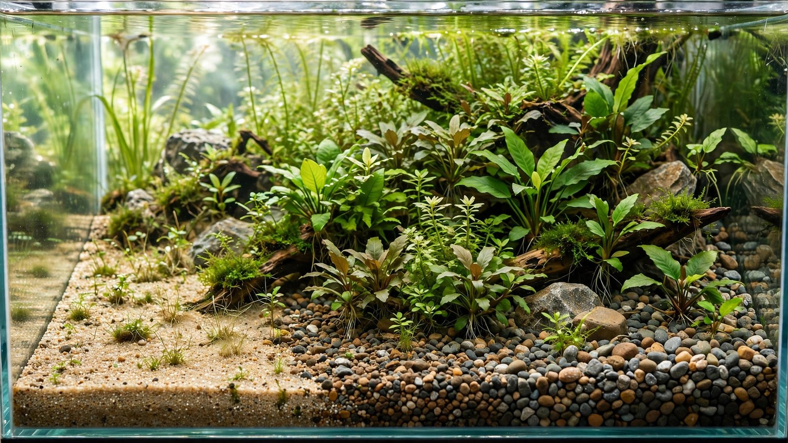 Close-up of aquarium gravel grains in ideal 2 to 3 millimeter size for planted tanks
