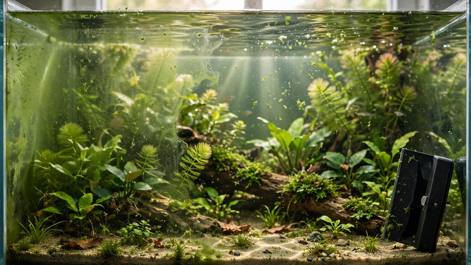 Aquarium glass coated in fine green dust algae film before treatment
