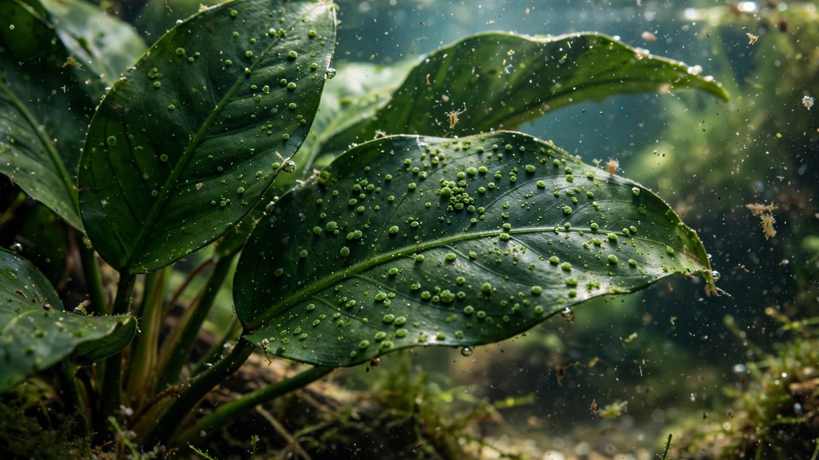 Broad anubias leaves dotted with round green spot algae colonies