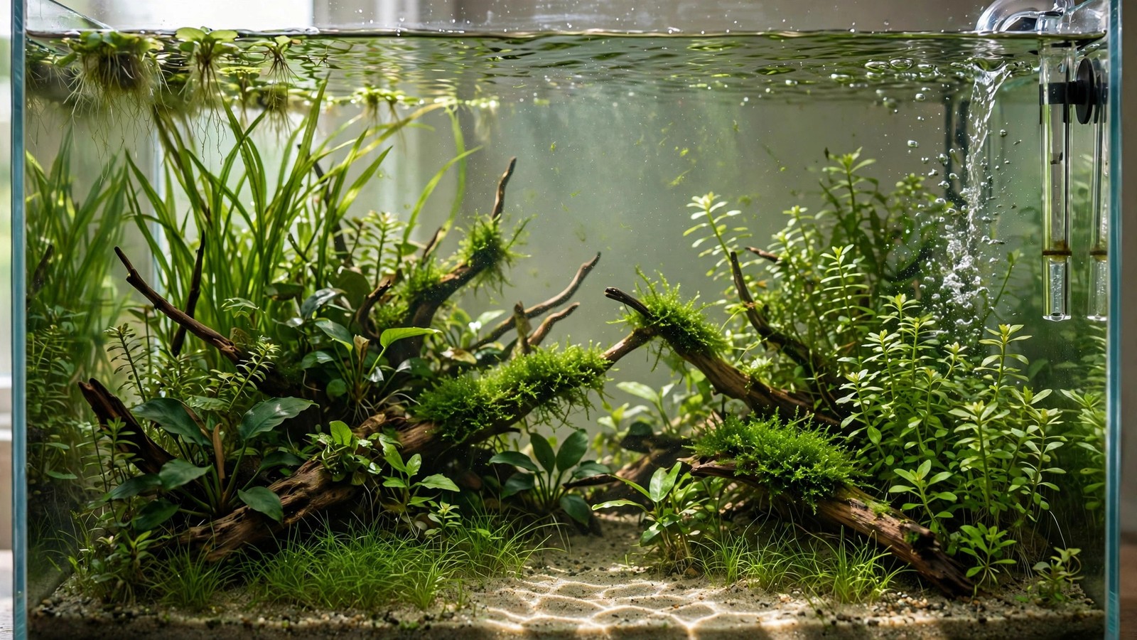 Planted aquarium with green water algae bloom clouding the water