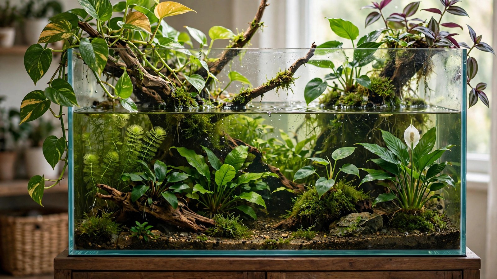 Cryptocoryne plants growing emersed in a humid plastic tub setup