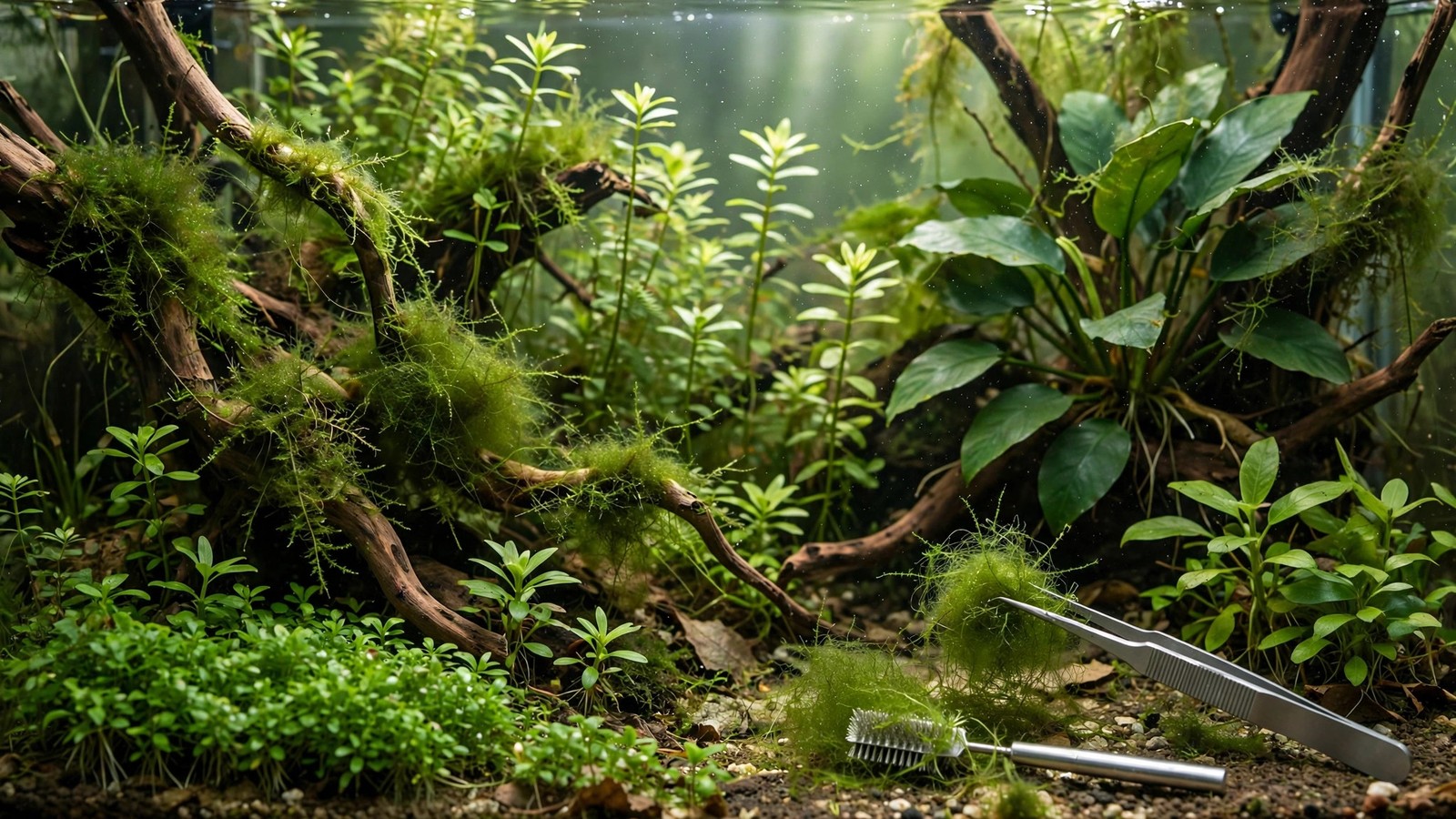 Aquarium stem plants covered in soft green hair algae filaments