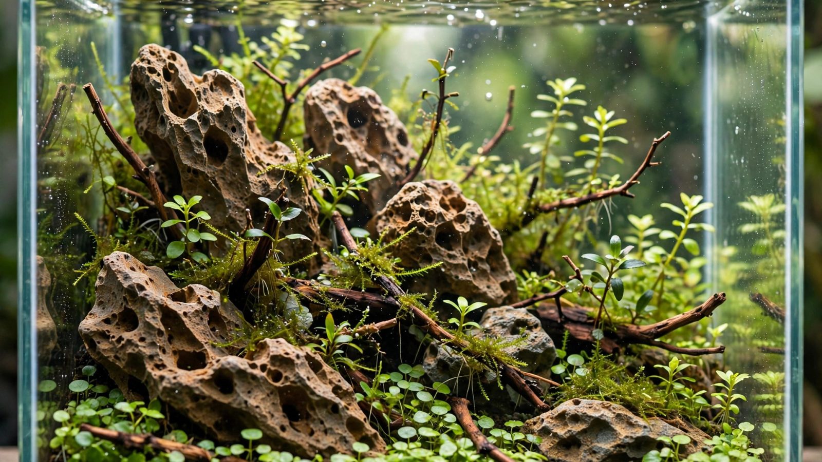 Nano aquarium with miniature dragon stone and small driftwood twigs