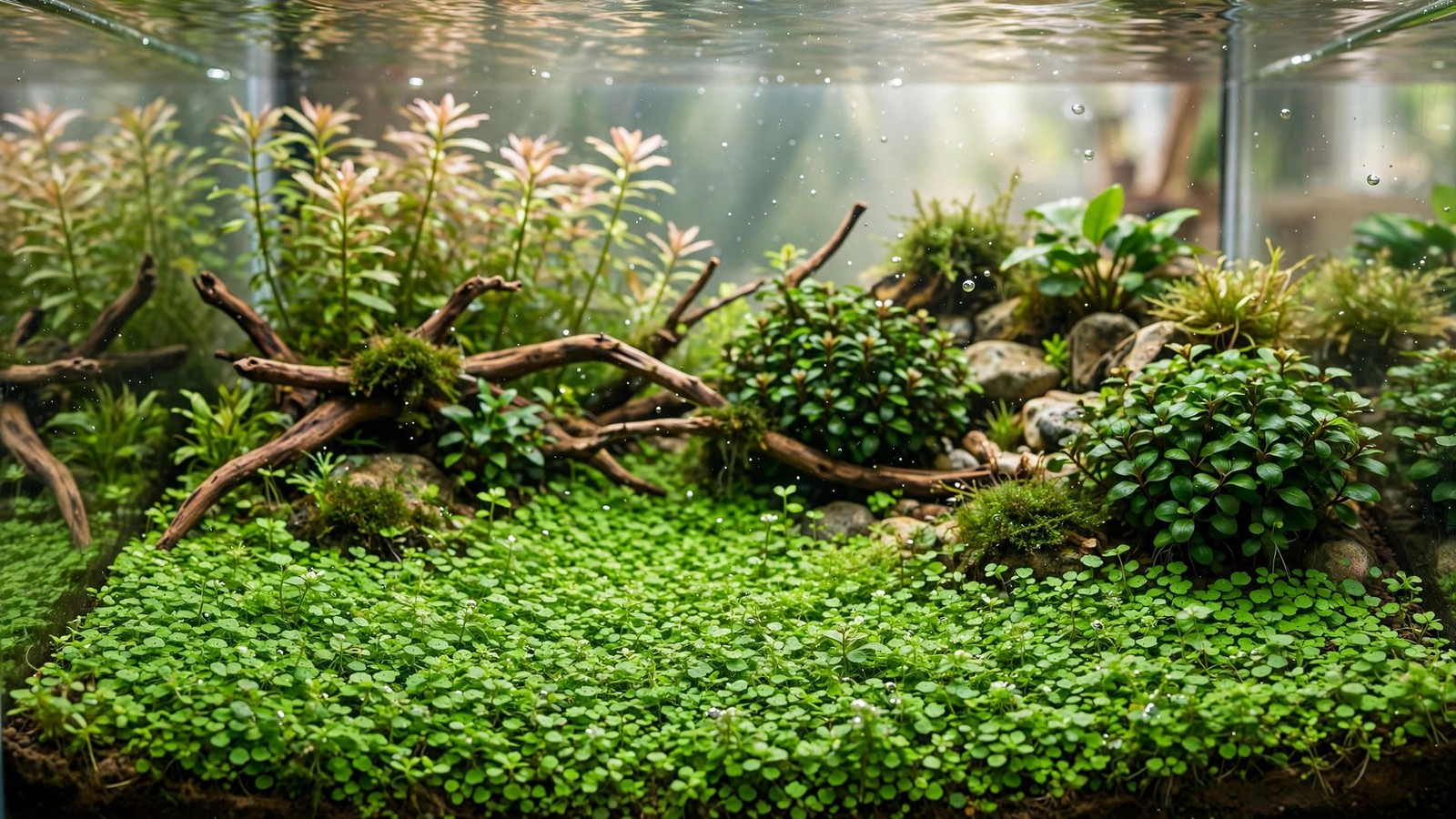 Hemianthus callitrichoides HC Cuba forming a dense bright-green carpet in an aquascape