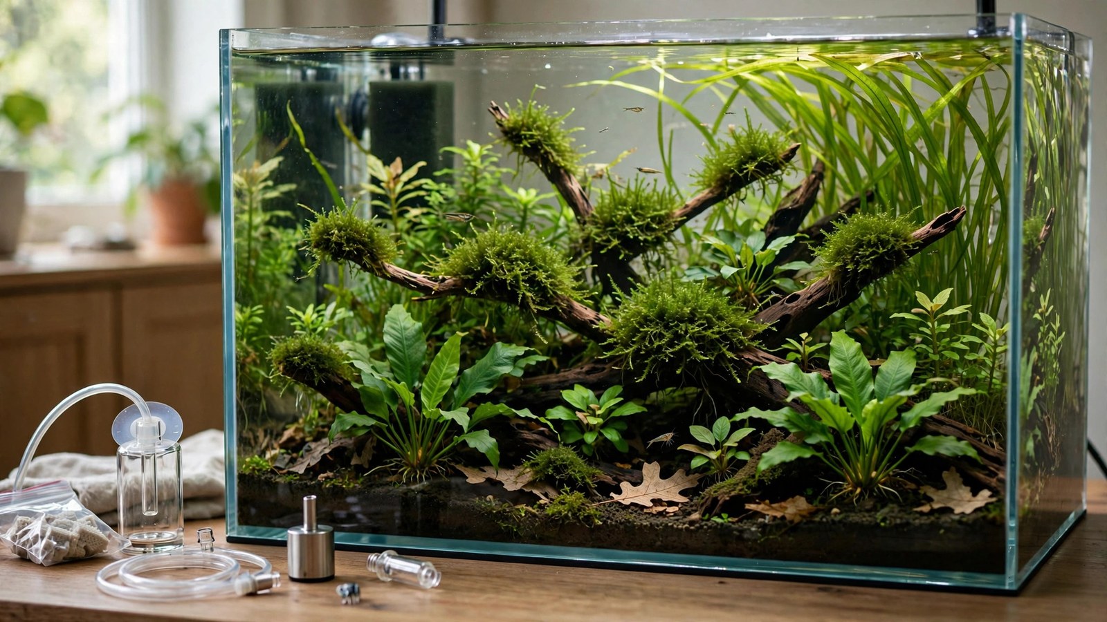 Lush low-tech planted aquarium with anubias and crypts thriving without CO2