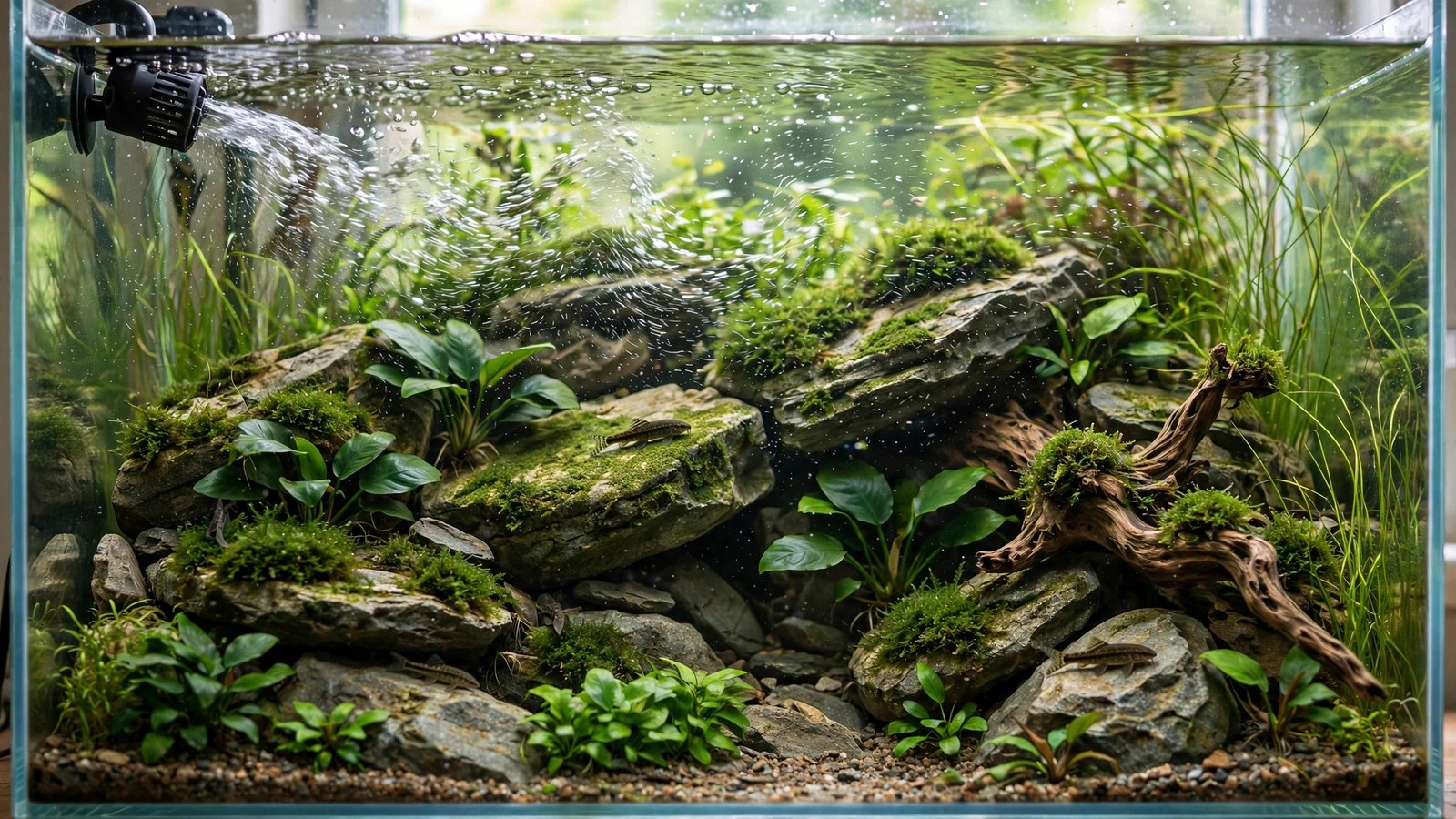 Hillstream loach suctioned to a mossy rock in a high-flow planted river tank