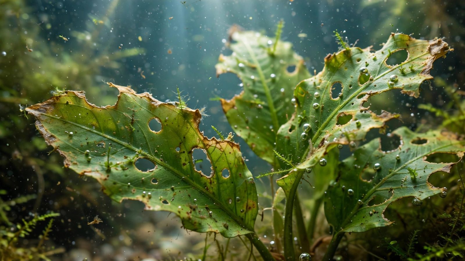 Macro view of green aquarium plant leaves with small holes from potassium deficiency