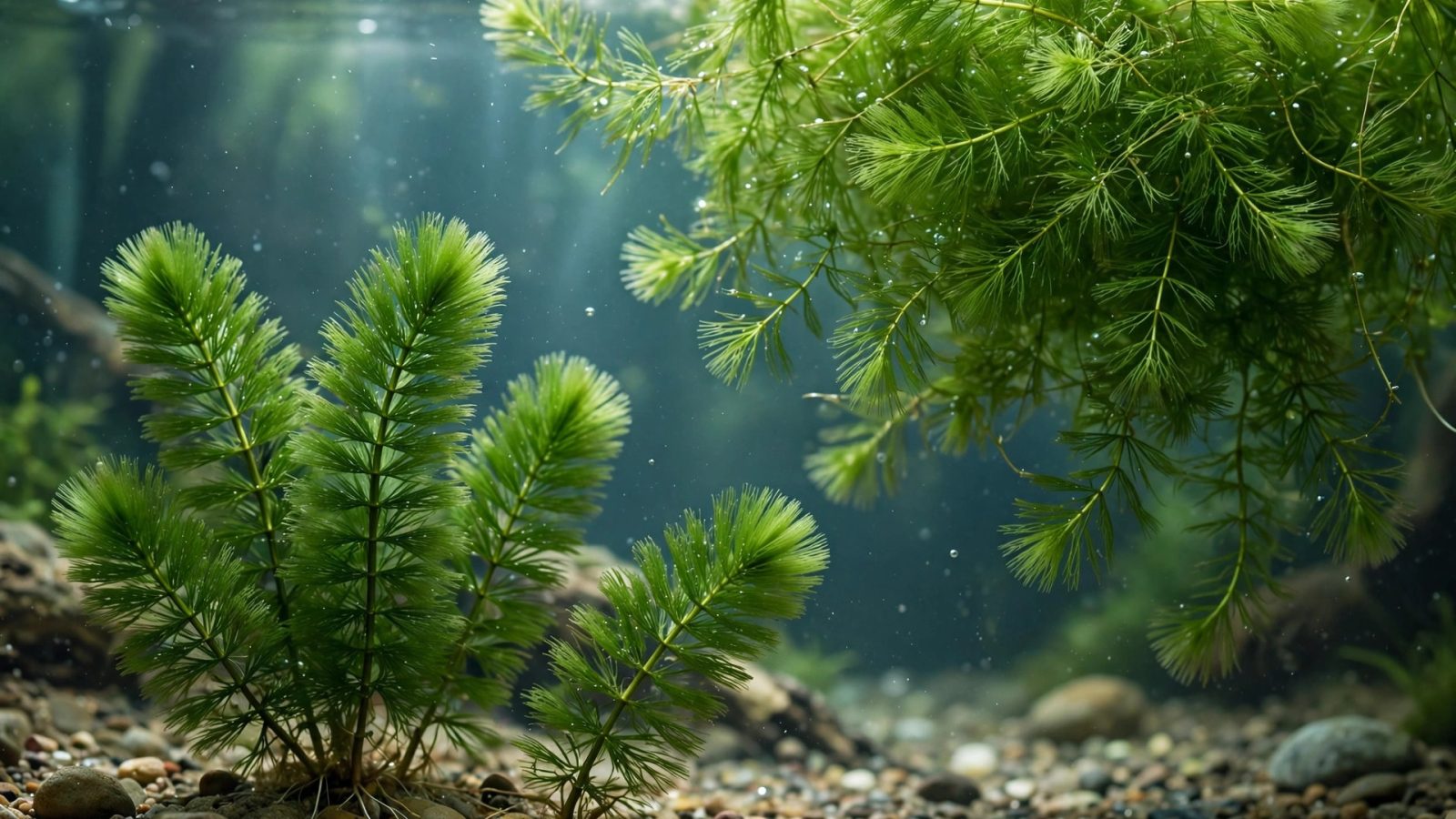 Dense bushy hornwort with fine needle-like green foliage underwater