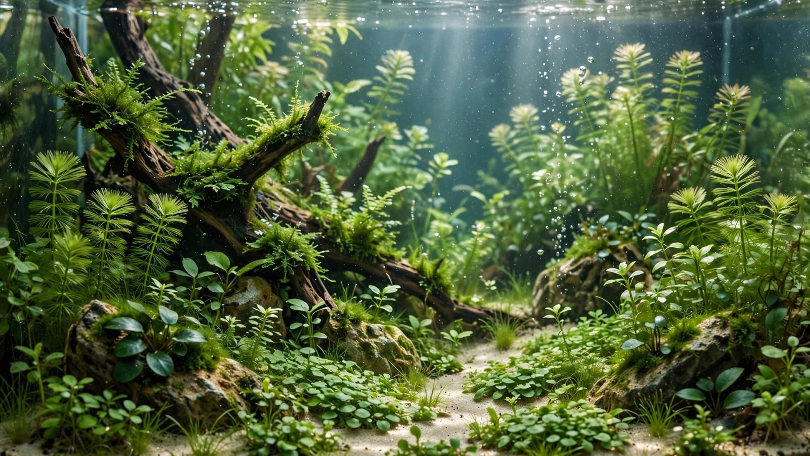 Young aquascape plants spreading and filling in across the substrate