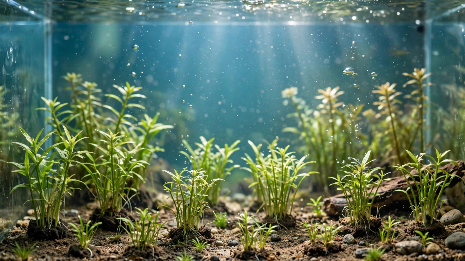 Newly planted aquarium with bunches of fresh green stem plants