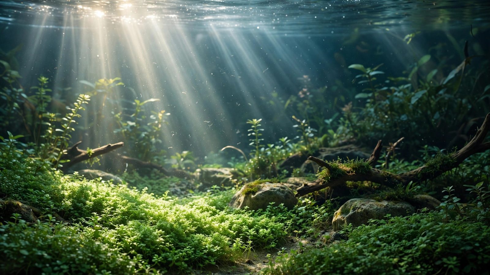 Beams of aquarium light falling on a green foreground plant carpet